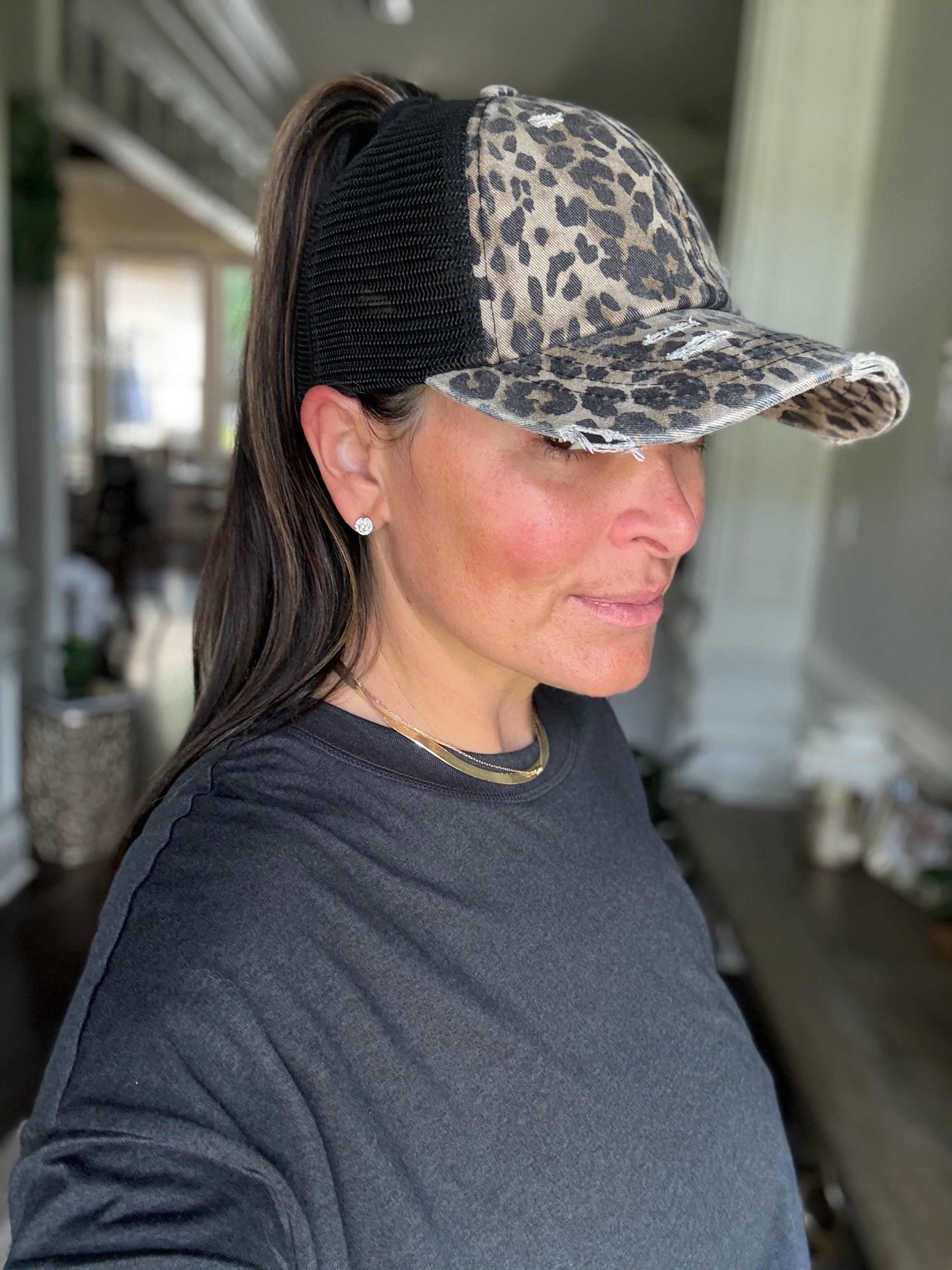 C.C LEOPARD WASHED DENIM PONY CAP