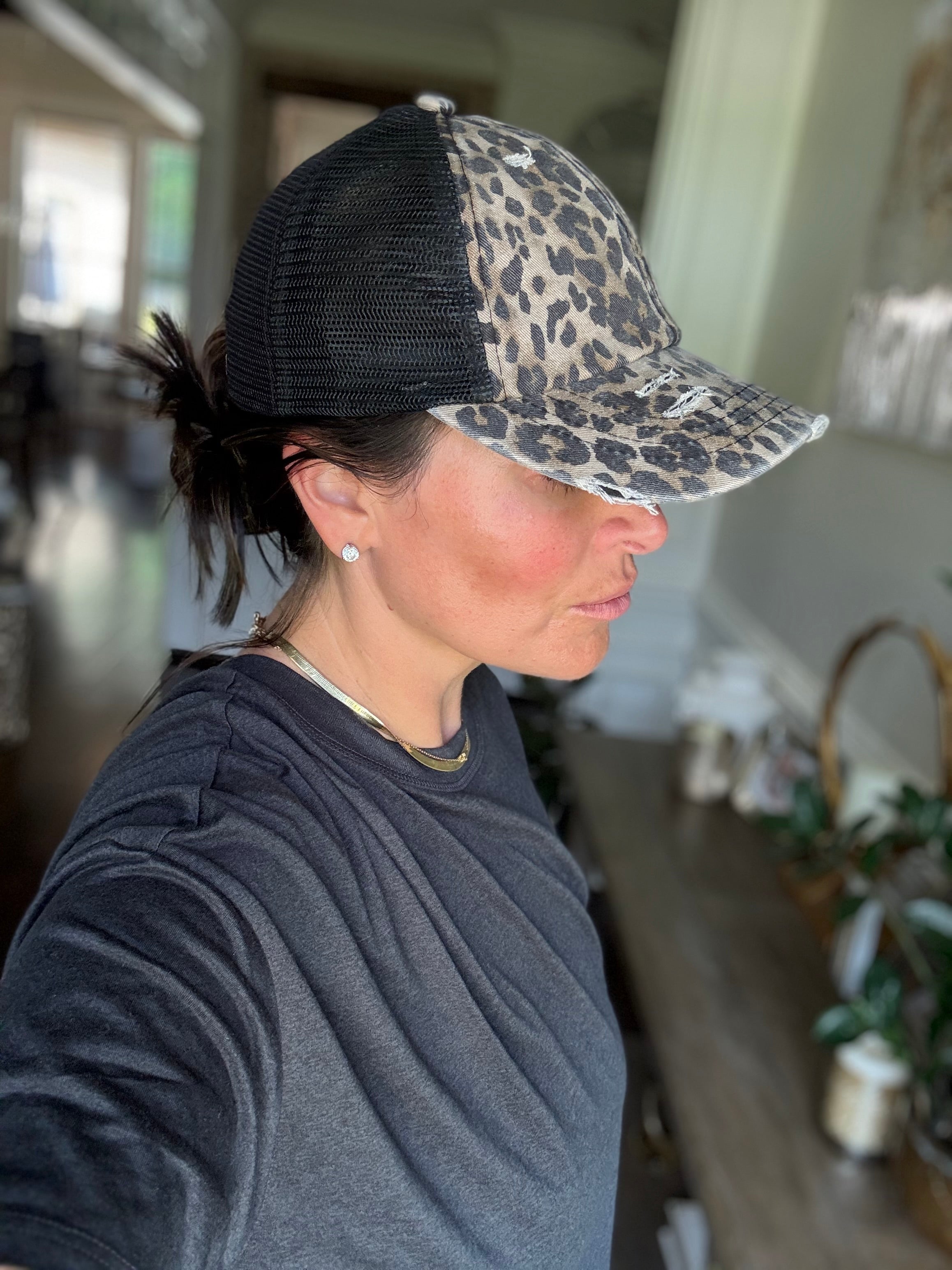 C.C LEOPARD WASHED DENIM PONY CAP
